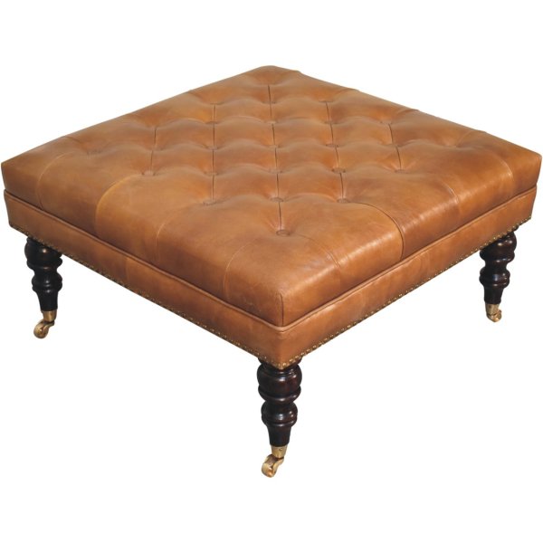 Solid Mango Wood Studded Buffalo Tan Leather Ottoman with Castor Legs - Image 5