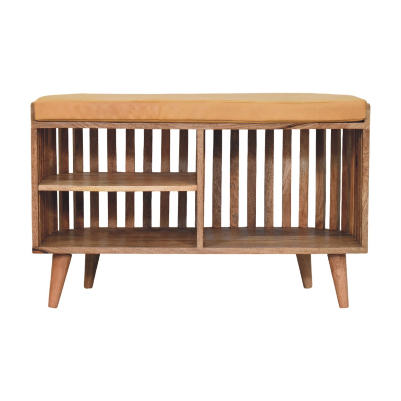 Solid Mango Wood Slatted Oak Finished Bench with 3 slots