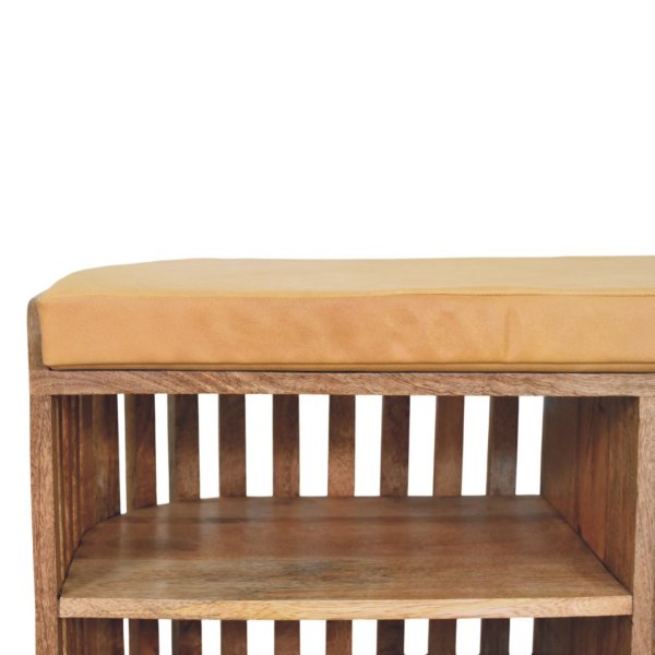 Solid Mango Wood Slatted Oak Finished Bench with 3 slots - Image 3