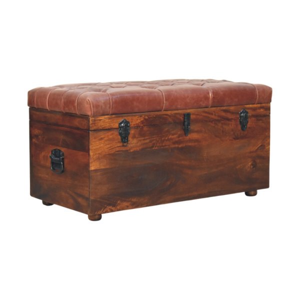 Solid Mango Wood Brown Buffalo hide leather Storage Trunk - Image 2