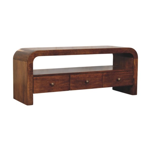 Solid Mango Wood Darcy 3 drawer Open Shelf Chestnut Media unit - Image 2