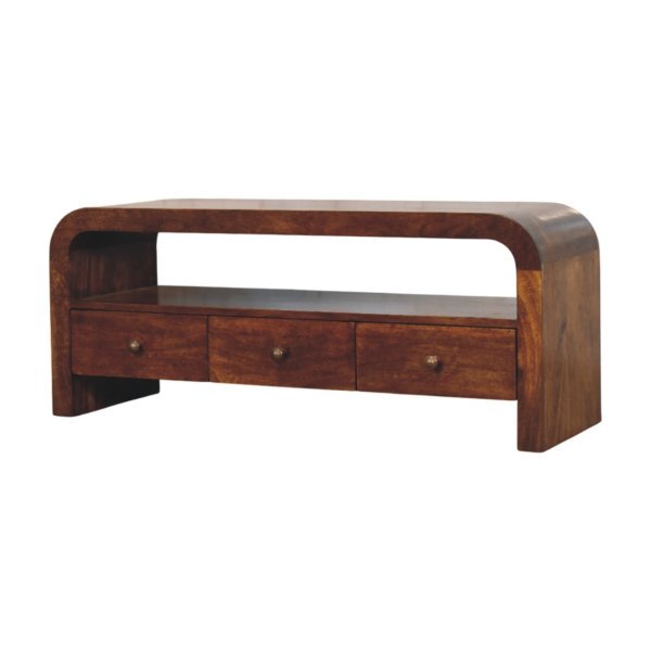 Solid Mango Wood Darcy 3 drawer Open Shelf Chestnut Media unit - Image 3
