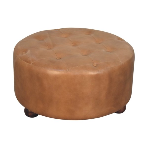 Solid Mango Wood Brown Buffalo hide leather Round Ottoman - Image 2