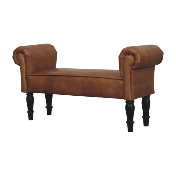 Solid Mango Wood Brown Buffalo Leather Rolled Arms Bench - Image 2