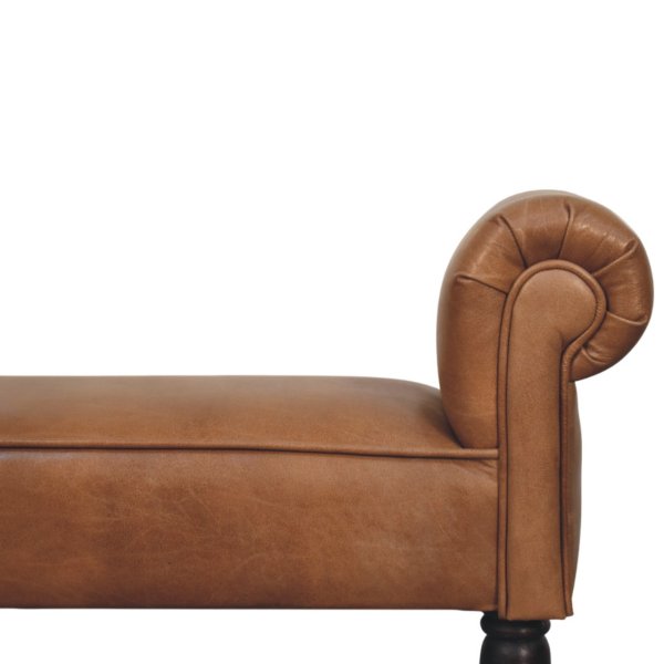Solid Mango Wood Brown Buffalo Leather Rolled Arms Bench - Image 3