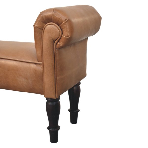Solid Mango Wood Brown Buffalo Leather Rolled Arms Bench - Image 6