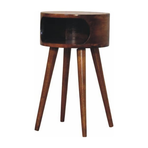 Solid Mango Wood Round Chestnut Nightstand with Open Shelf