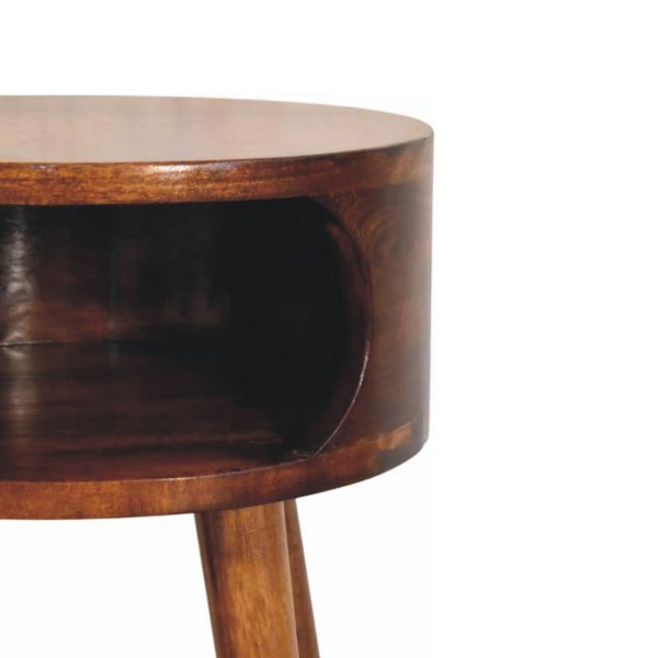 Solid Mango Wood Round Chestnut Nightstand with Open Shelf - Image 3