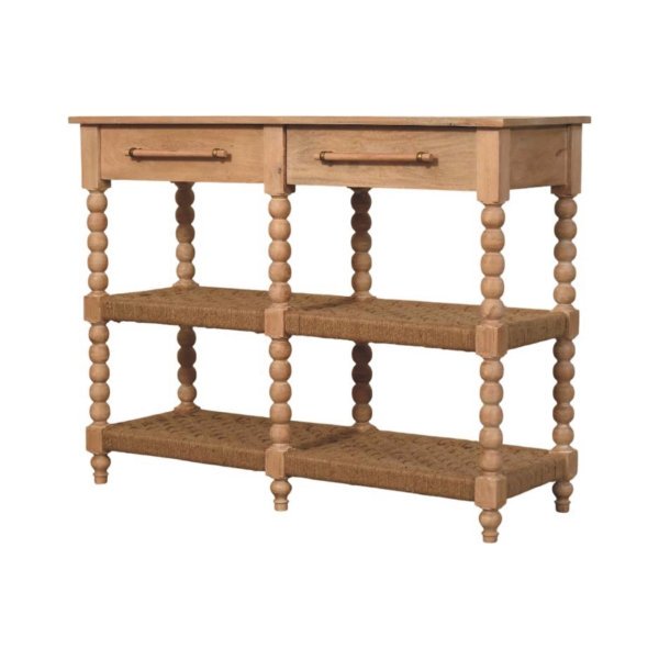 Solid Mango Wood Savoy Bobbin Console with Jute Shelves - Image 2