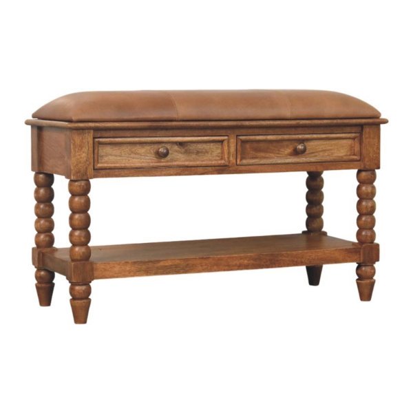 Solid Mango Wood Leather Spindle Bench