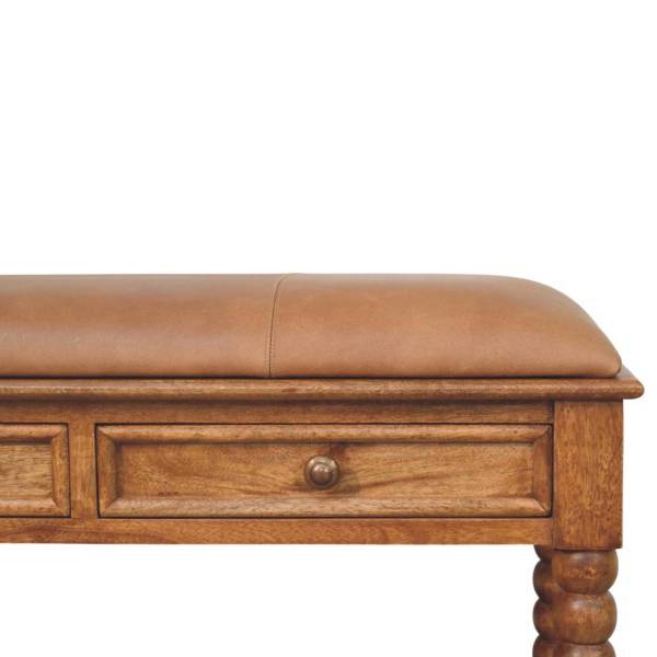 Solid Mango Wood Leather Spindle Bench - Image 3