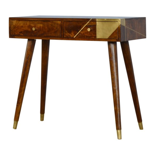 Solid Chestnut Finished Mango Wood Desk with Geometric Brass Detail - Image 3