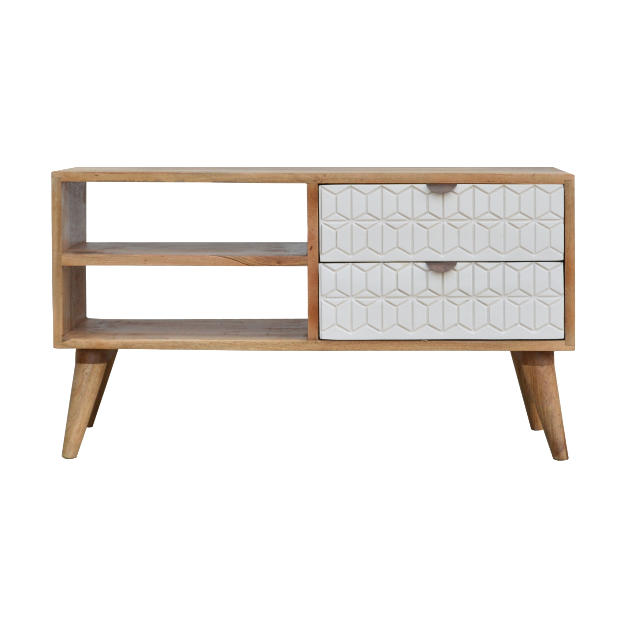 Solid Mango Wood Sleek White Carved Media Unit