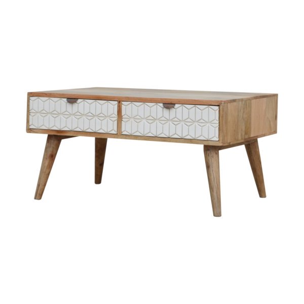 Solid Mango Wood Sleek White Carved Coffee Table - Image 2
