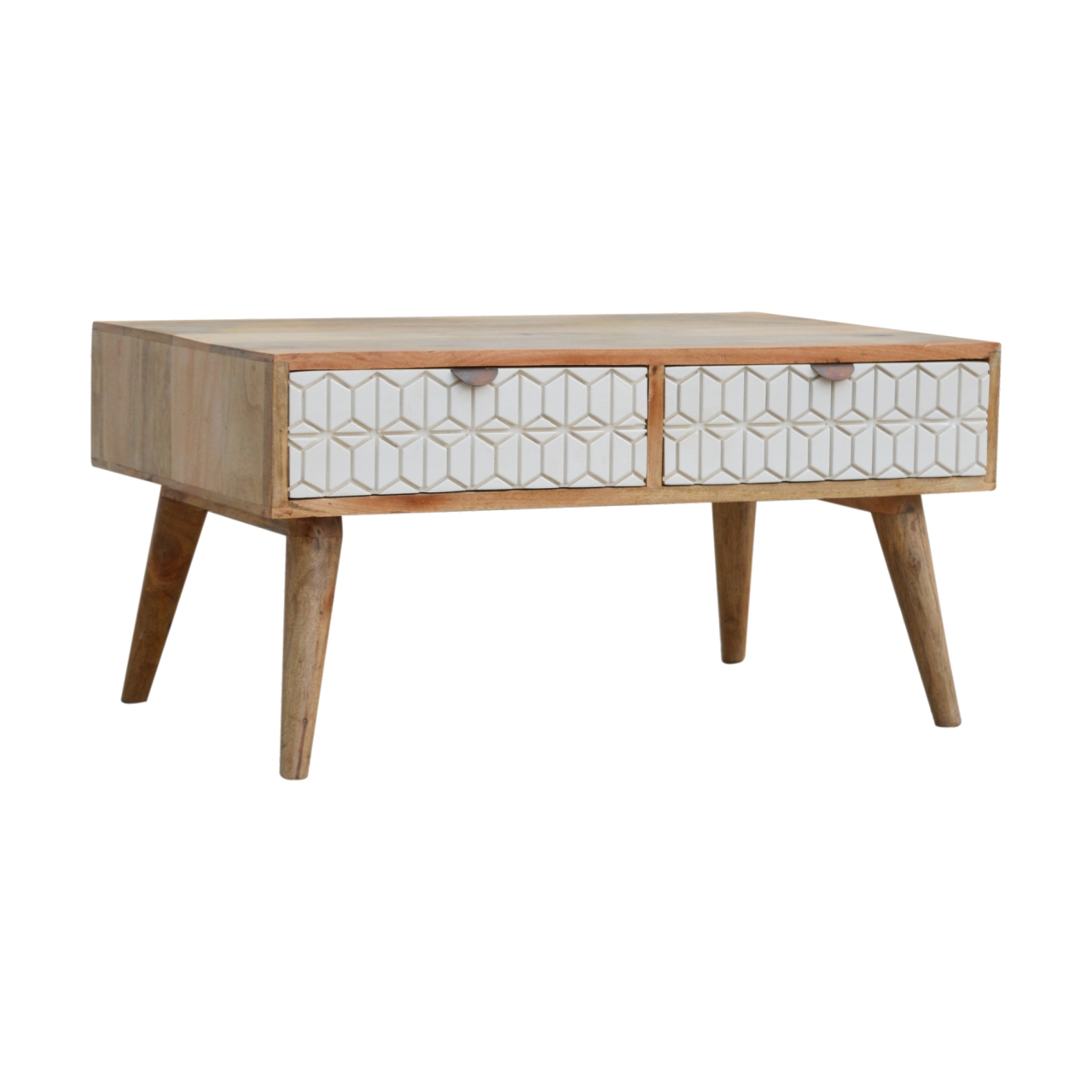 Solid Mango Wood Sleek White Carved Coffee Table - Image 3