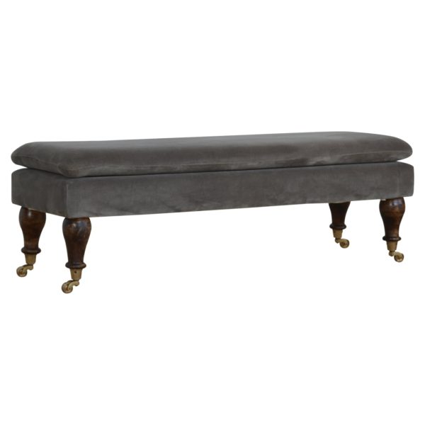 Solid Mango Wood Light Walnut Finished Grey Cotton Velvet Bench with Castor Feet