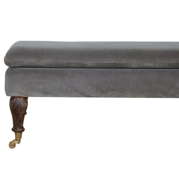 Solid Mango Wood Light Walnut Finished Grey Cotton Velvet Bench with Castor Feet - Image 3