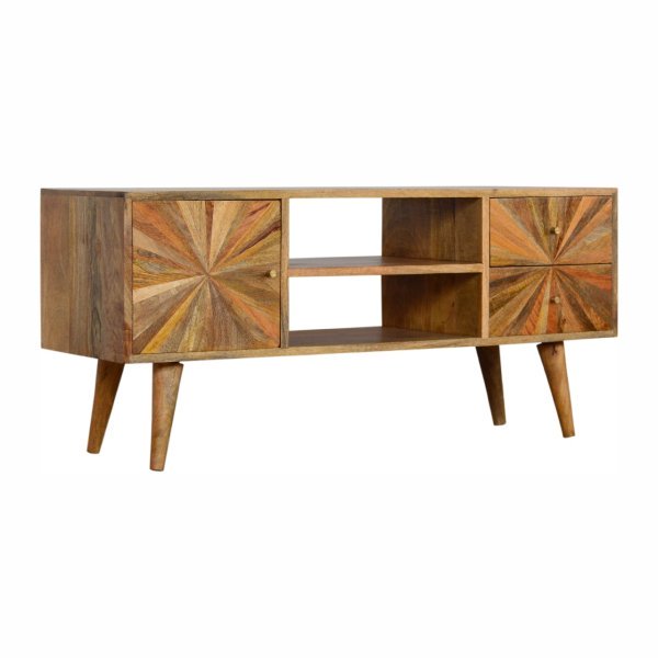 Solid Mango Wood Oak Finished Scandinavian Style Sunrise Patterned 1 Cabinet 2 Drawer 1 Shelf TV Stand/Media Unit