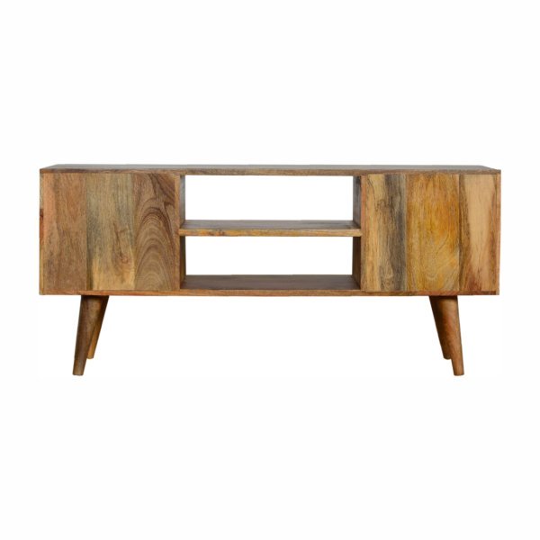 Solid Mango Wood Oak Finished Scandinavian Style Sunrise Patterned 1 Cabinet 2 Drawer 1 Shelf TV Stand/Media Unit - Image 8
