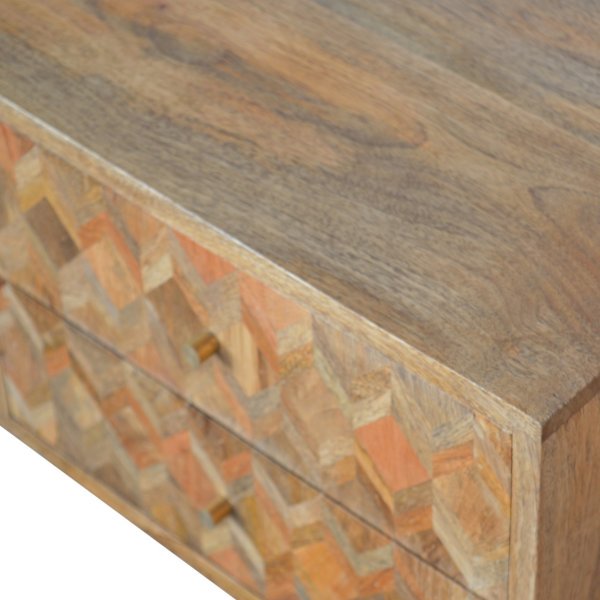Solid Mango Wood Oak Finished 2 Diamond Patchwork Drawer 2 Shelves Television/Media Unit - Image 3