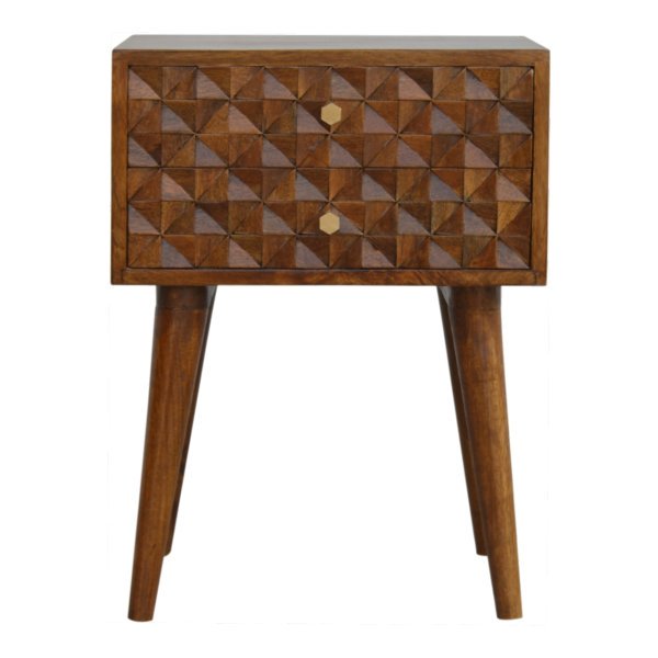 Solid Mango Wood Chestnut Finished 2 Drawer Diamond Pattern Bedside