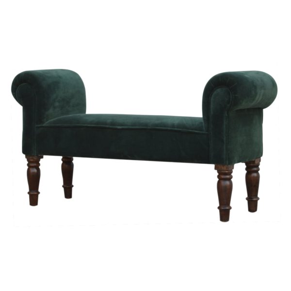 Solid Mango Wood Emerald Velvet Walnut Turned Feet Bench
