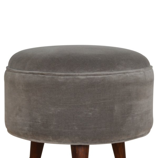 Solid Mango Wood Walnut Finished 3 Leg Grey Velvet Scandinavian Style Footstool - Image 3