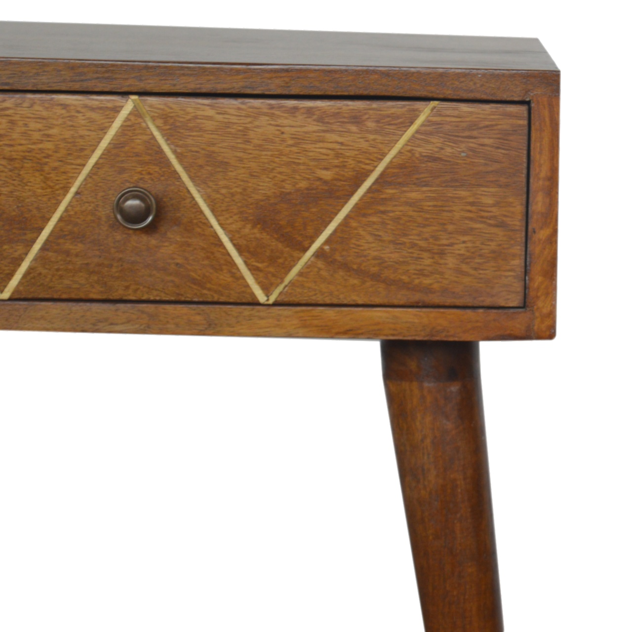 Solid Mango Wood Chestnut Finished Wired Brass Inlay Scandinavian Legs Bedside - Image 3