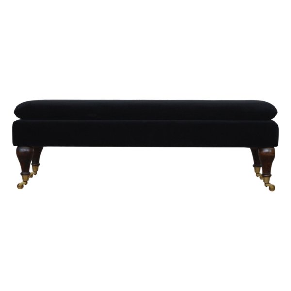 Solid Walnut Finished Mango Wood Black Velvet Bench with Castor Legs