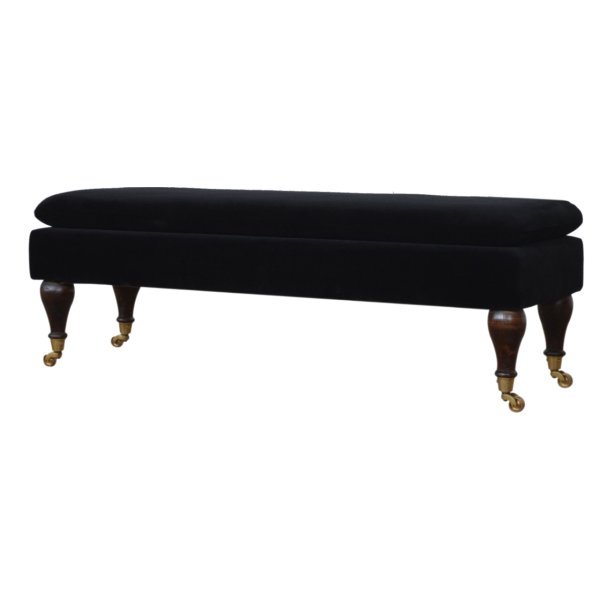 Solid Walnut Finished Mango Wood Black Velvet Bench with Castor Legs - Image 2