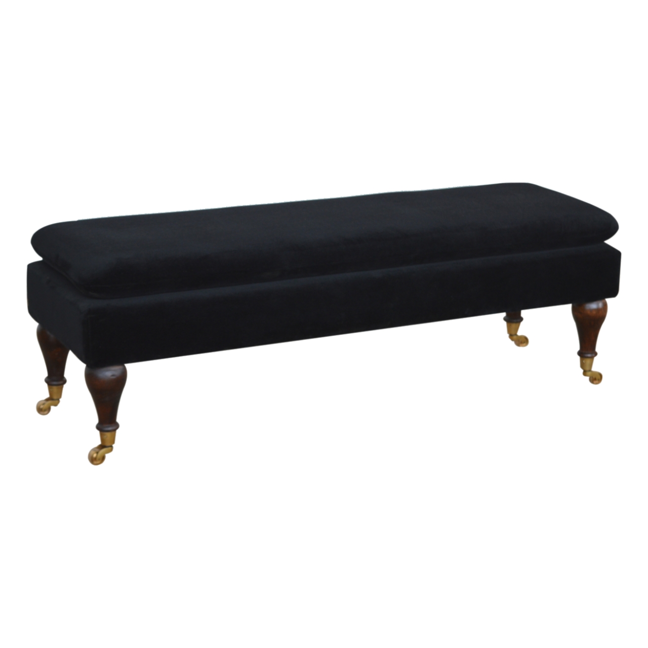 Solid Walnut Finished Mango Wood Black Velvet Bench with Castor Legs - Image 3