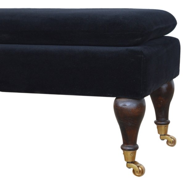 Solid Walnut Finished Mango Wood Black Velvet Bench with Castor Legs - Image 5
