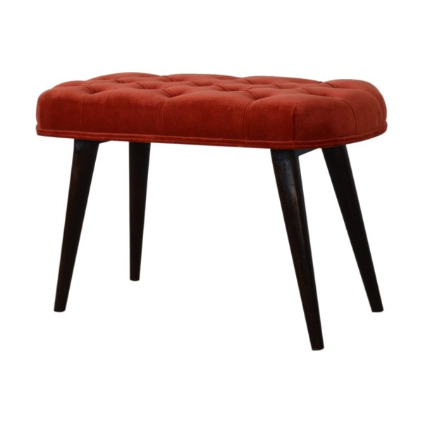 Solid Mango Walnut Finished Legs Brick Red Cotton Velvet Fabric Deep Button Scandinavian Style Bench/Stool