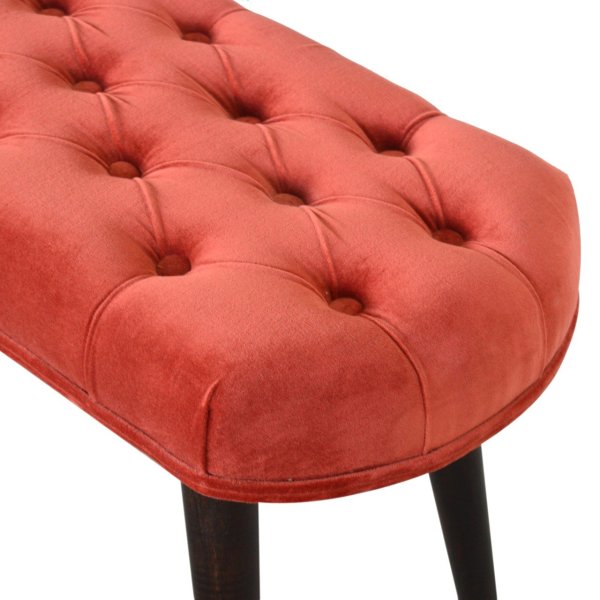 Solid Mango Walnut Finished Legs Brick Red Cotton Velvet Fabric Deep Button Scandinavian Style Bench/Stool - Image 4