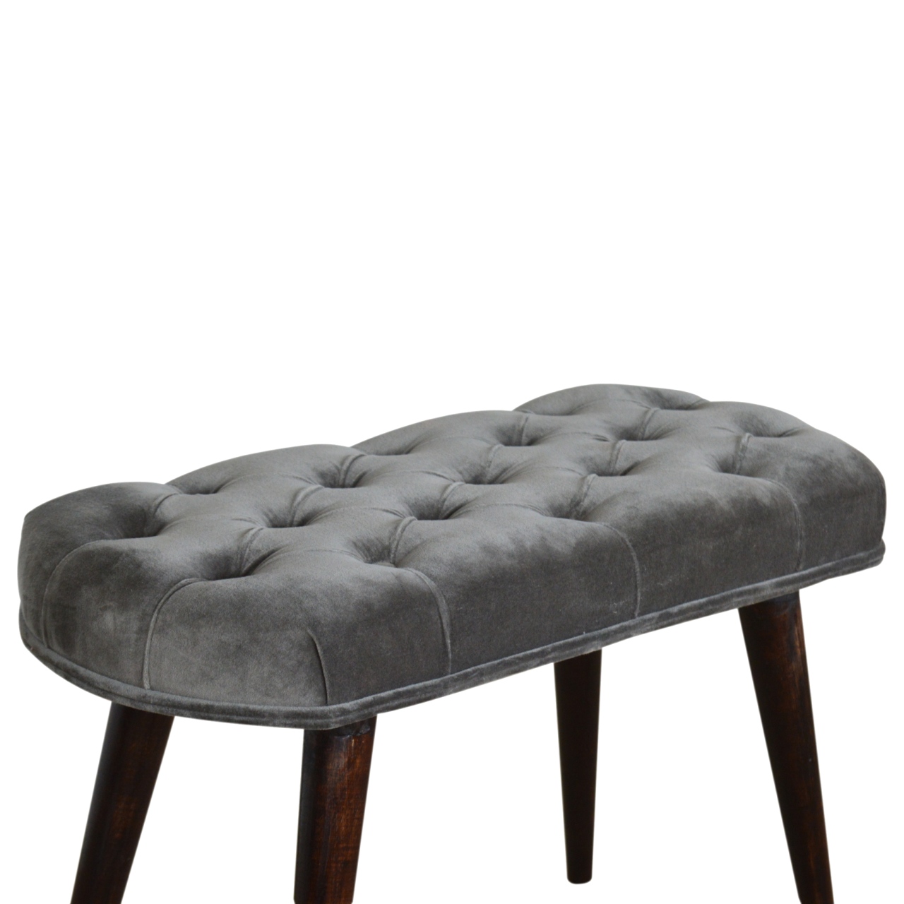Solid Mango Walnut Finished Legs Grey Cotton Velvet Fabric Deep Button Scandinavian Style Bench/Stool - Image 3