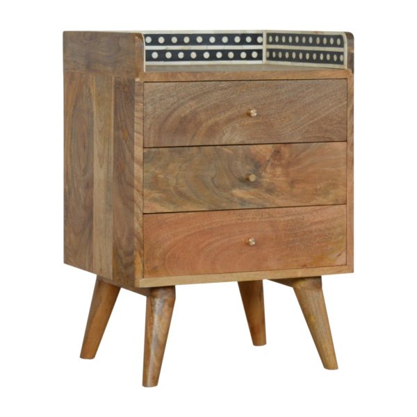 Solid Mango Wood Oak Finished Bone Inlay Gallery Back 3 Drawer Bedside