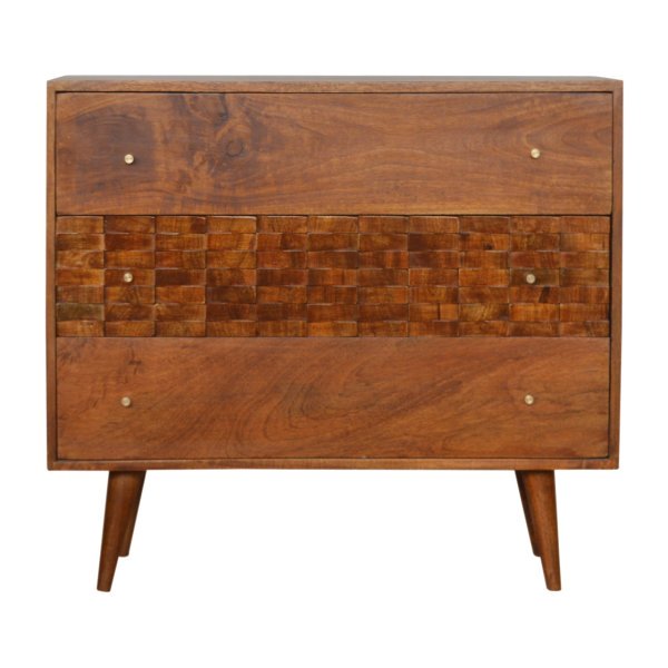Solid Mango Wood Chestnut Finished 3 Drawer Tiled Chest of Drawers