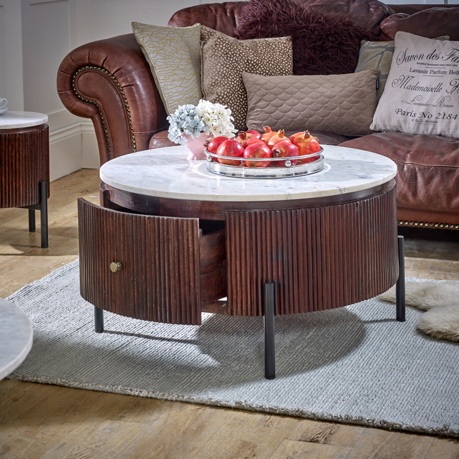 Opal Mango Wood Round Fluted Coffee Table With Marble Top & Metal Legs - Image 6