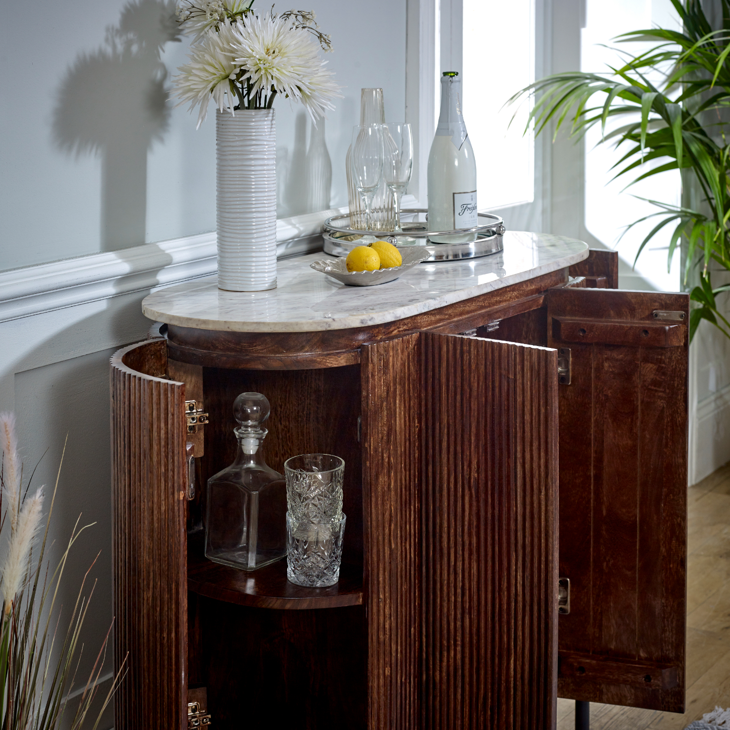 Opal Solid Wood Sideboard/Drinks Cabinet With Marble Top & Metal Legs - Image 3