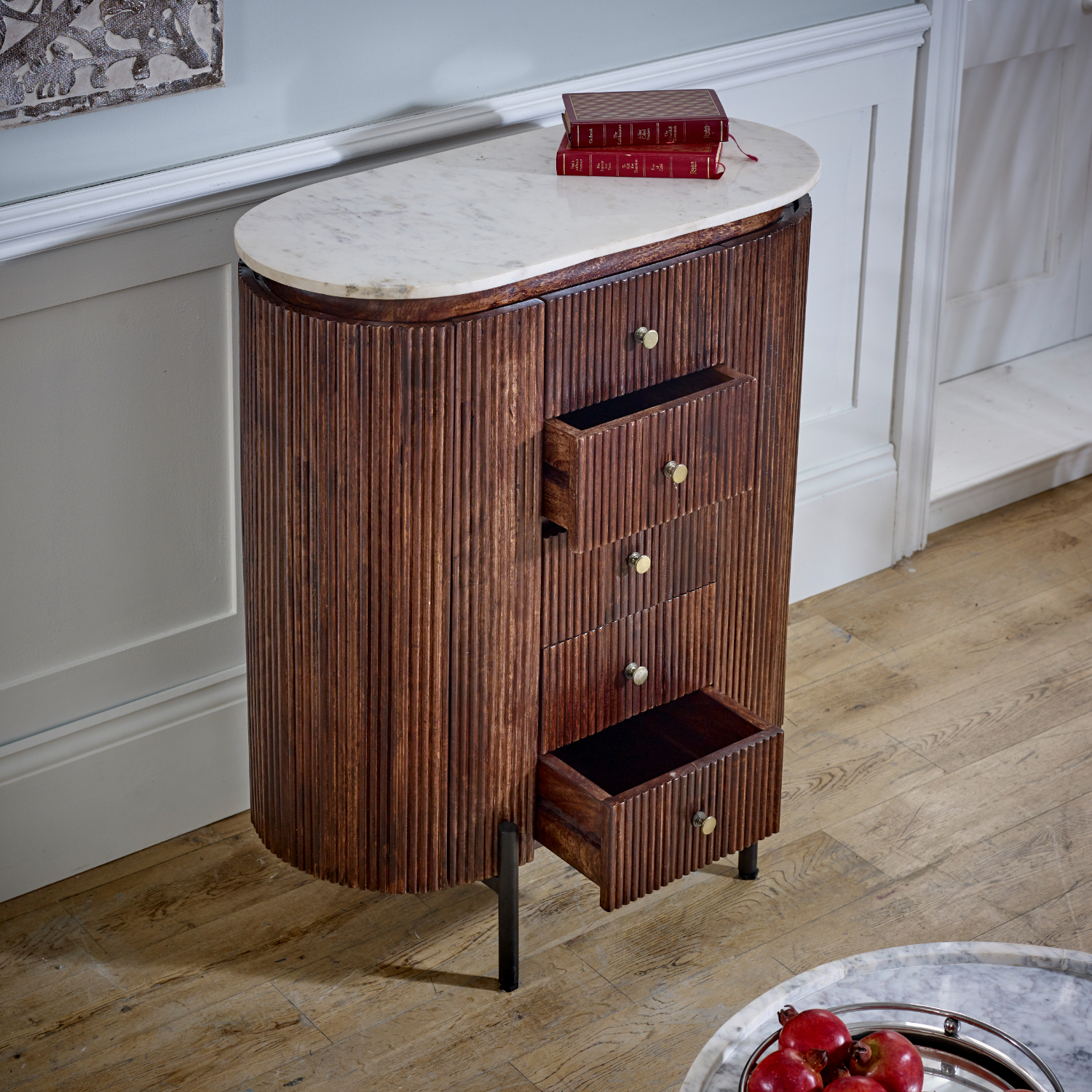 Opal Mango Wood Wide Chest Of Drawers with Marble Top & Metal Legs - Image 3