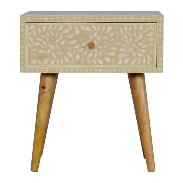 Solid Mango Wood Floral Bone Inlay Bedside
