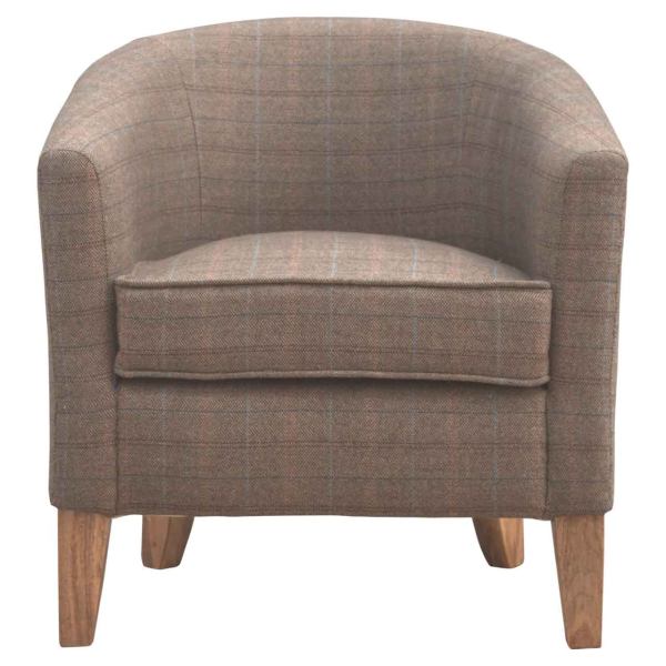 Solid Mango Wood French Style Upholstered Checked Tweed Tub Chair