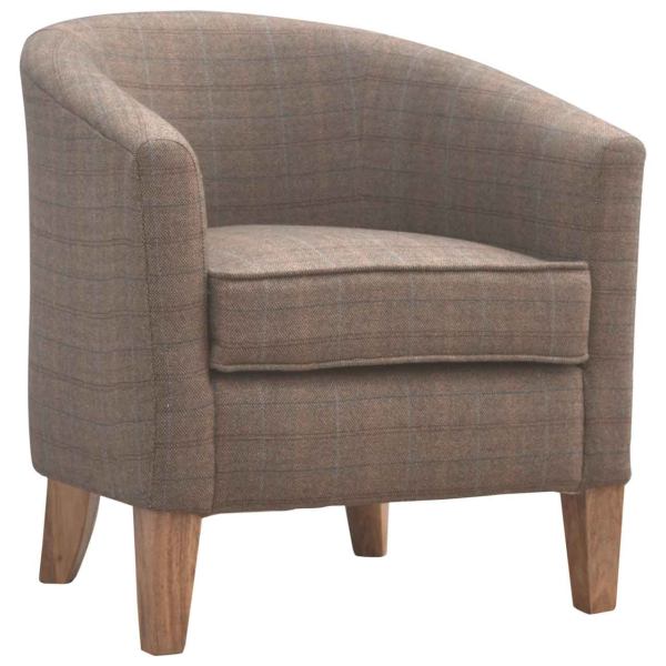 Solid Mango Wood French Style Upholstered Checked Tweed Tub Chair - Image 2