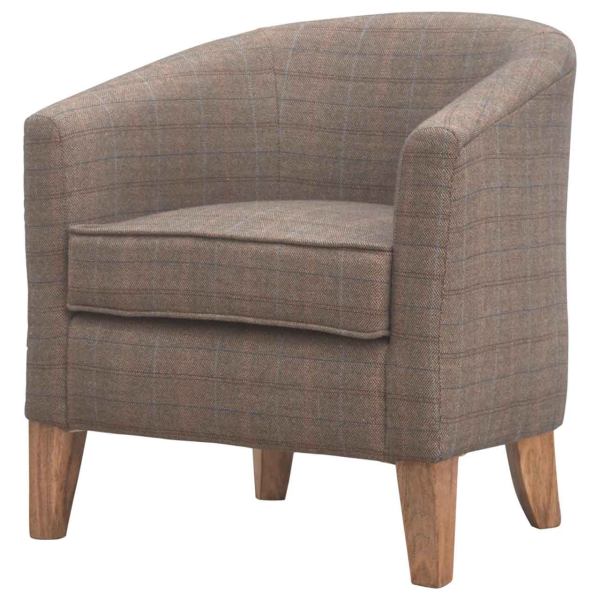 Solid Mango Wood French Style Upholstered Checked Tweed Tub Chair - Image 3