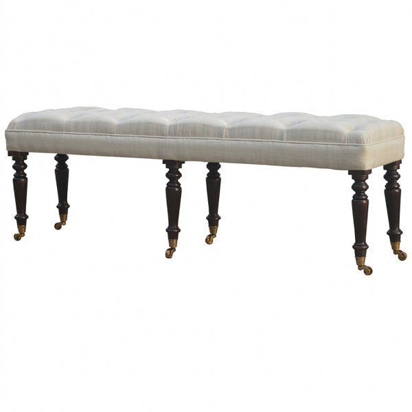 Solid Mango Wood Light Walnut Finished White Deep Button Linen Bench