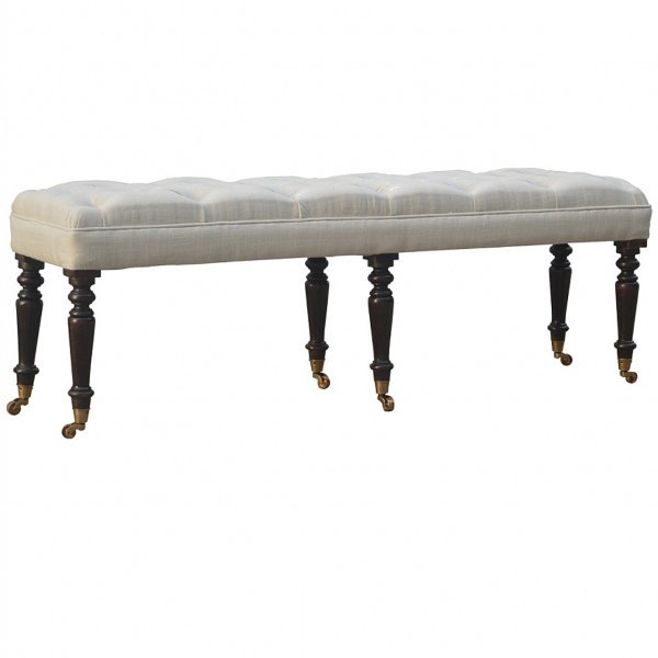 Solid Mango Wood Light Walnut Finished White Deep Button Linen Bench - Image 2