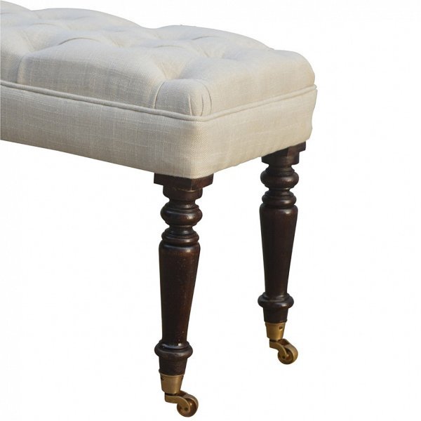 Solid Mango Wood Light Walnut Finished White Deep Button Linen Bench - Image 4