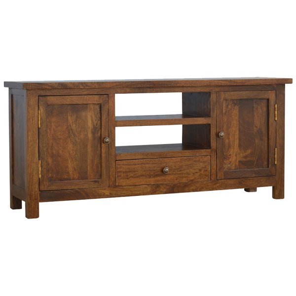 Solid Mango Wood Chestnut Finished 2 Slots 1 Drawer 2 Cupboards Media Unit - Image 2
