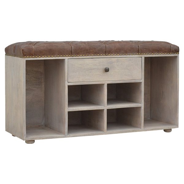 Solid Mango Wood Stone Finished 4 Slot Buffalo Leather Show Cupboard