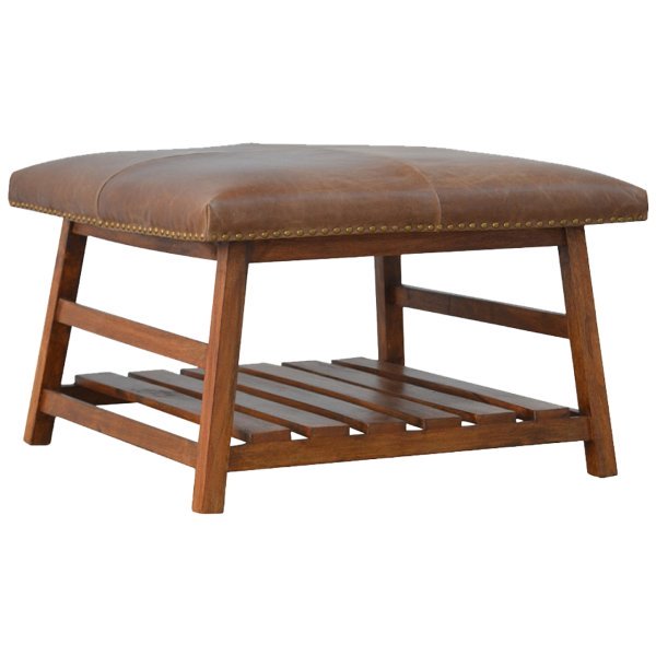 Solid Mango Wood Buffalo Hide Square Foot Stool - Image 2